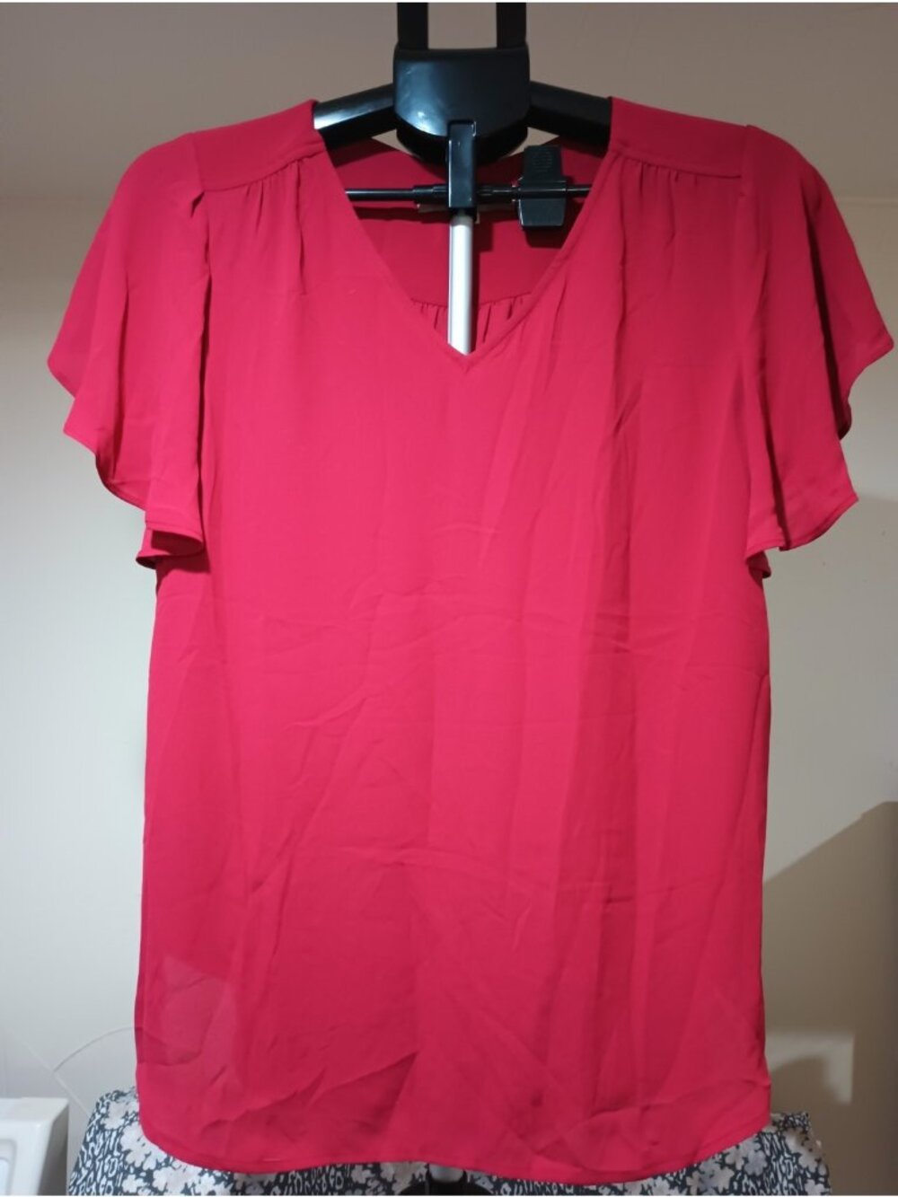 LOFT Red Pink Flutter Sleeve V-Neck Blouse Chiffon Top - Size S